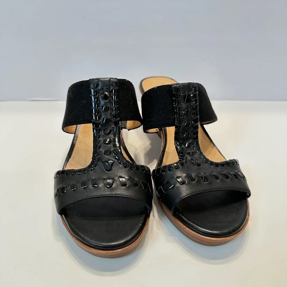 Jack Rogers Black‎ Leather Whipstitch T-Strap Wedge Sandals Womens 7.5M